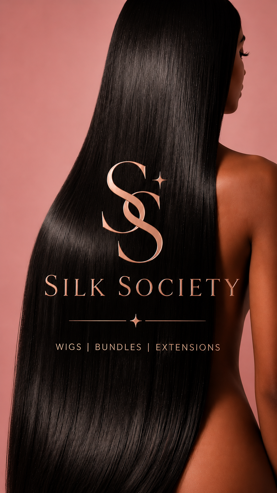 Silk Society branded editorial of long glossy raw straight hair on blush backdrop