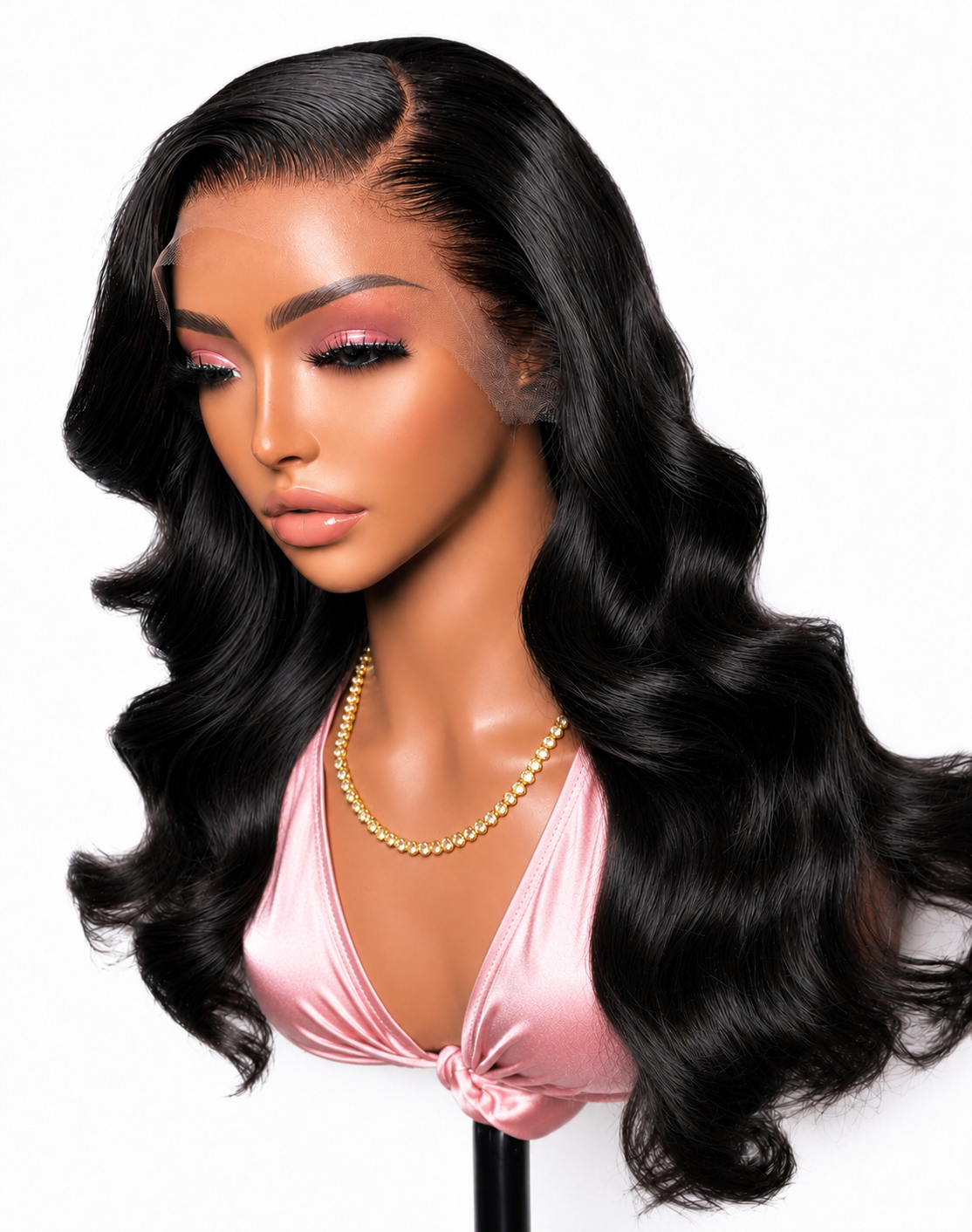 Body wave HD lace front wig with pre-plucked hairline styled in loose waves